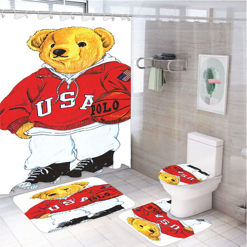 Red Basket Jacket Polo Bear 4Pcs Bathroom Set Shower Curtain