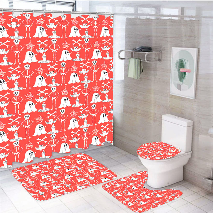 Red Pattern Halloween Ghost Skeleton 4Pcs Bathroom Set Shower Curtain