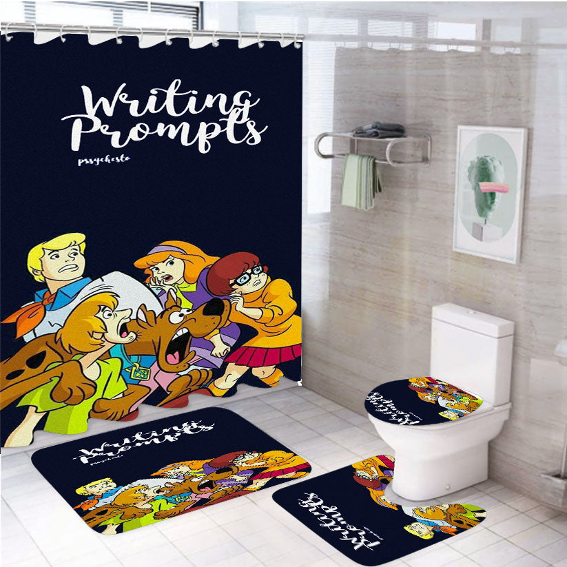 Scooby Doo Writing Prompts Animated 4Pcs Bathroom Non-Slip Rugs Shower Curtain Fabric Waterproof