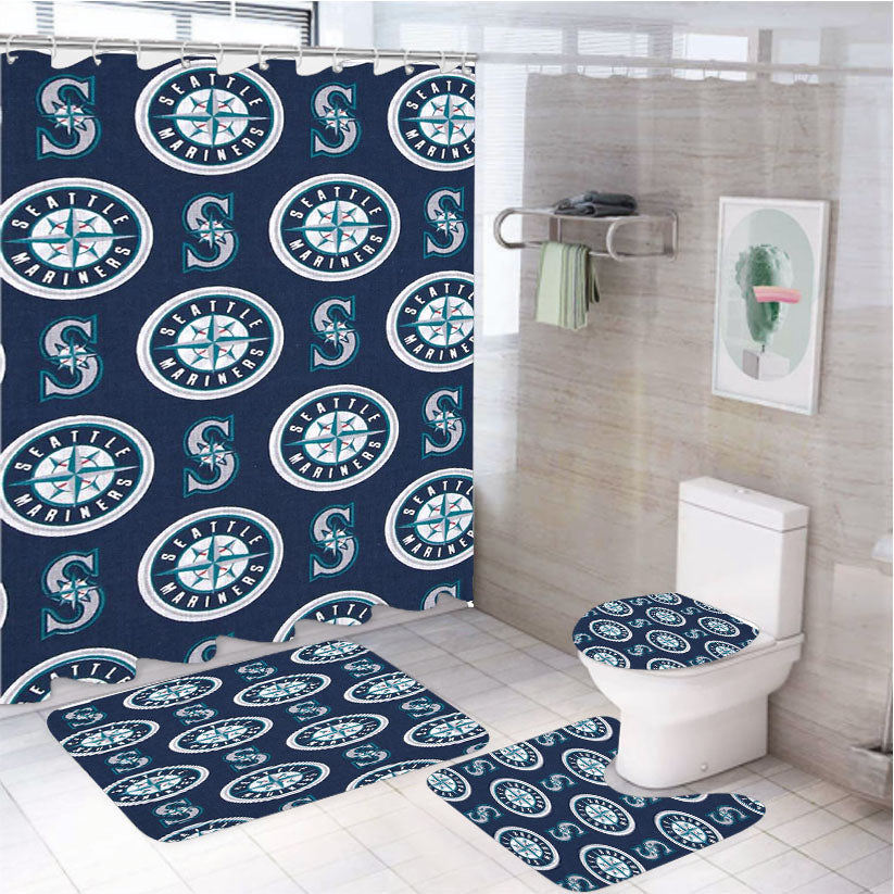 Seattle Mariners Pattern 4Pcs Bathroom Non-Slip Rugs Shower Curtain Fabric Waterproof