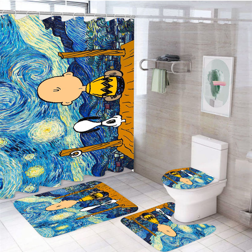 Snoopy And Charlie And Starry Night 4Pcs Bathroom Set Shower Curtain