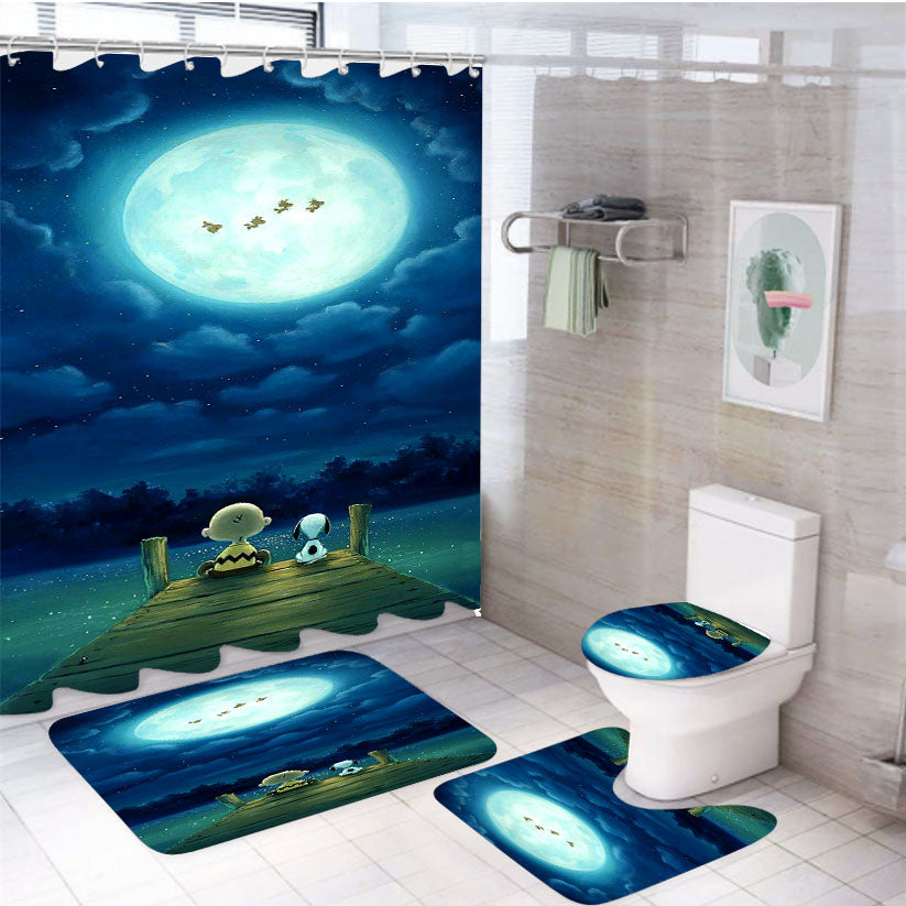 Snoopy And Charlie Brown Moon 4Pcs Bathroom Set Shower Curtain