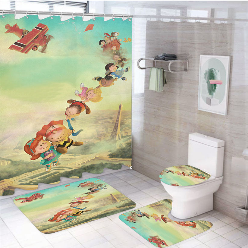 Snoopy Kite At France 4Pcs Bathroom Non-Slip Rugs Shower Curtain Fabric Waterproof