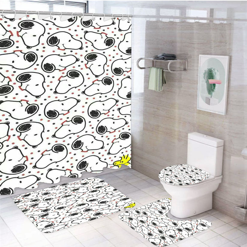 Snoopy Pattern Mobile 4Pcs Bathroom Non-Slip Rugs Shower Curtain Fabric Waterproof
