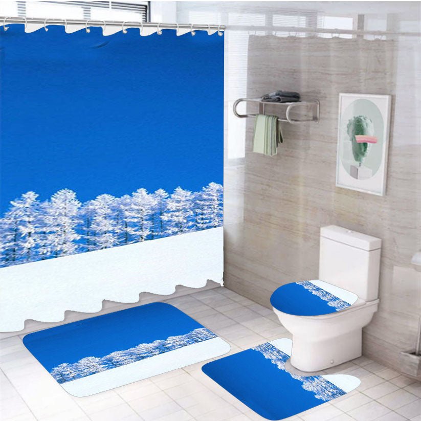 Snow White And Tree 4Pcs Bathroom Non-Slip Rugs Shower Curtain Fabric Waterproof