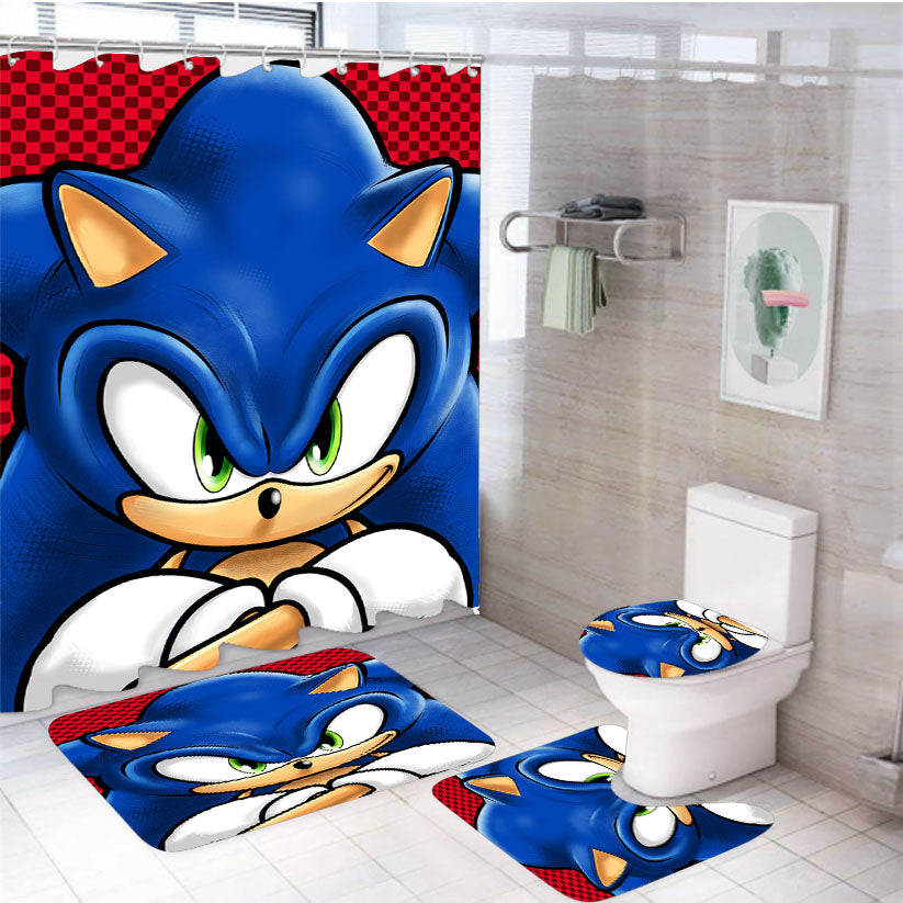 Sonic 4Pcs Bathroom Non-Slip Rugs Shower Curtain Fabric Waterproof