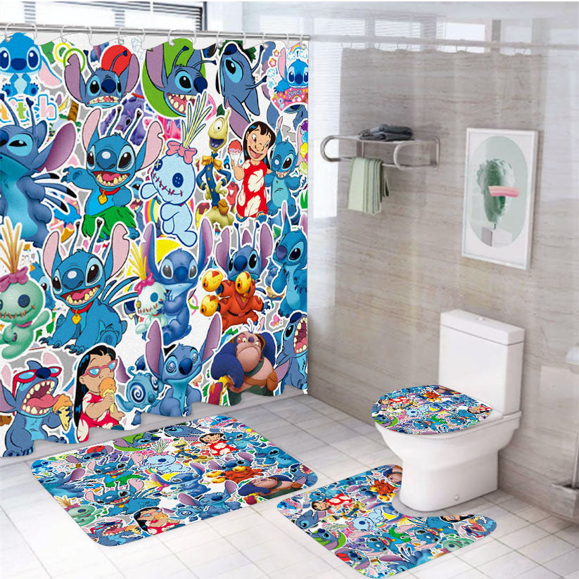 Stitch And Lilo Ohana Sticker Collage 4Pcs Bathroom Set Shower Curtain