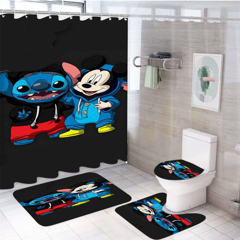 Stitch And Mickey Mouse 4Pcs Bathroom Set Shower Curtain