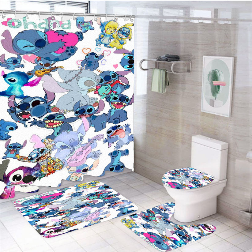 Stitch Ohana Collage 4Pcs Bathroom Non-Slip Rugs Shower Curtain Fabric Waterproof