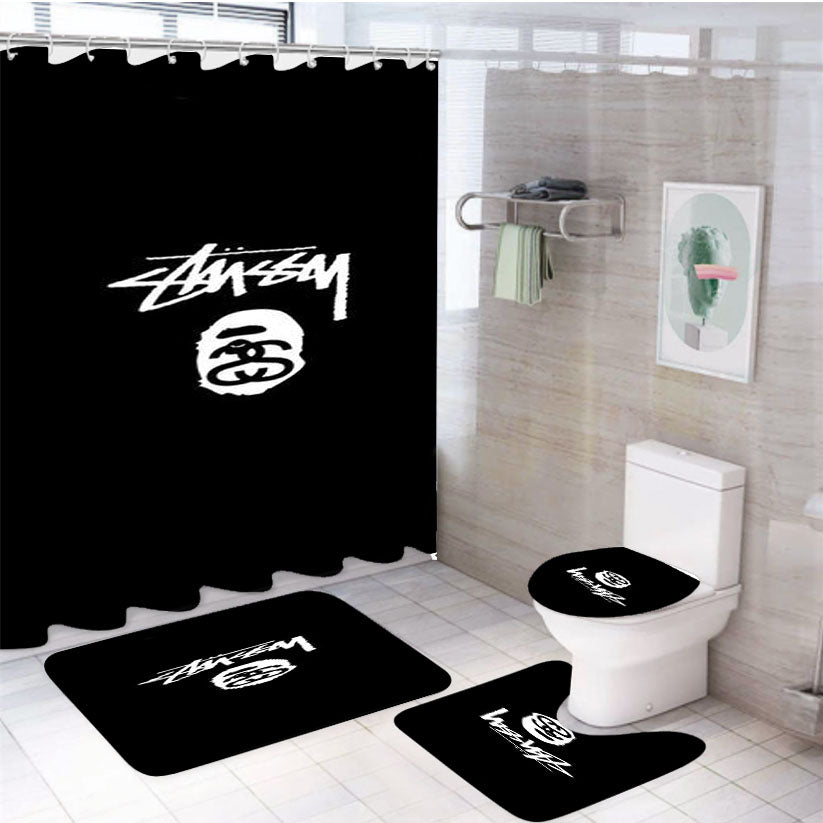 Stussy X Bape Logo Black 4Pcs Bathroom Set Shower Curtain