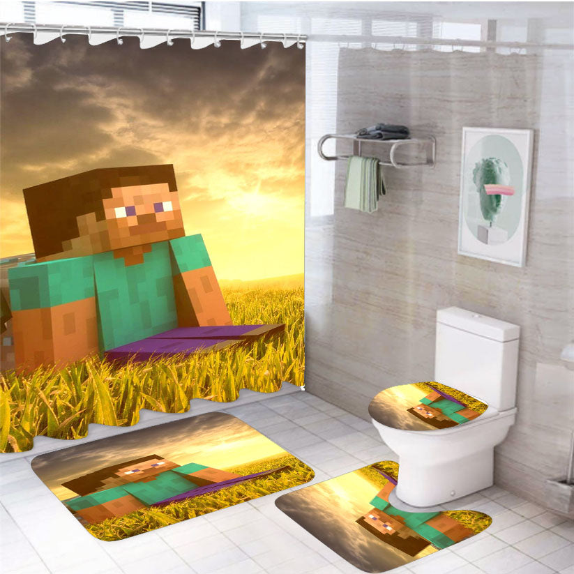 Sunset With Minecraft 4Pcs Bathroom Non-Slip Rugs Shower Curtain Fabric Waterproof