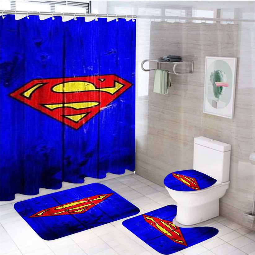 Superman 4Pcs Bathroom Non-Slip Rugs Shower Curtain Fabric Waterproof
