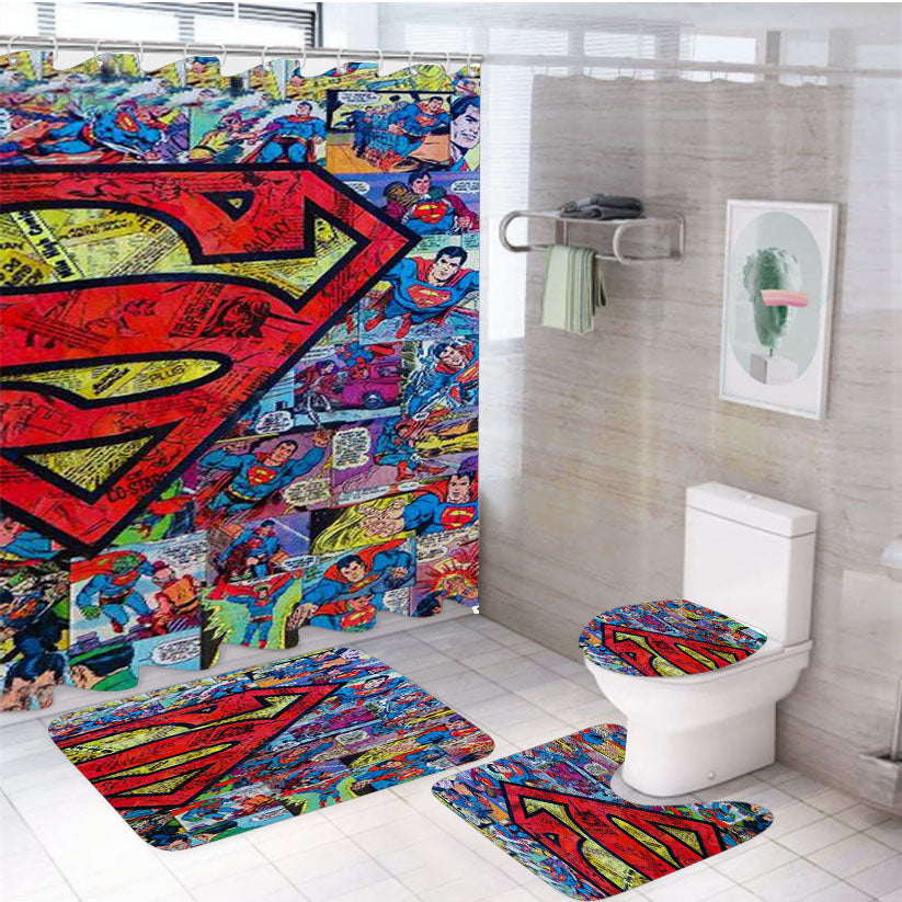 Superman Comics 4Pcs Bathroom Set Shower Curtain