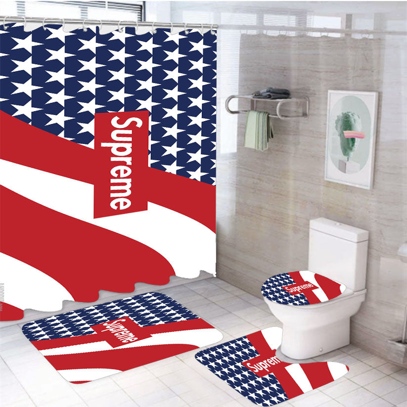 Supreme American Flag Logo 4Pcs Bathroom Set Shower Curtain