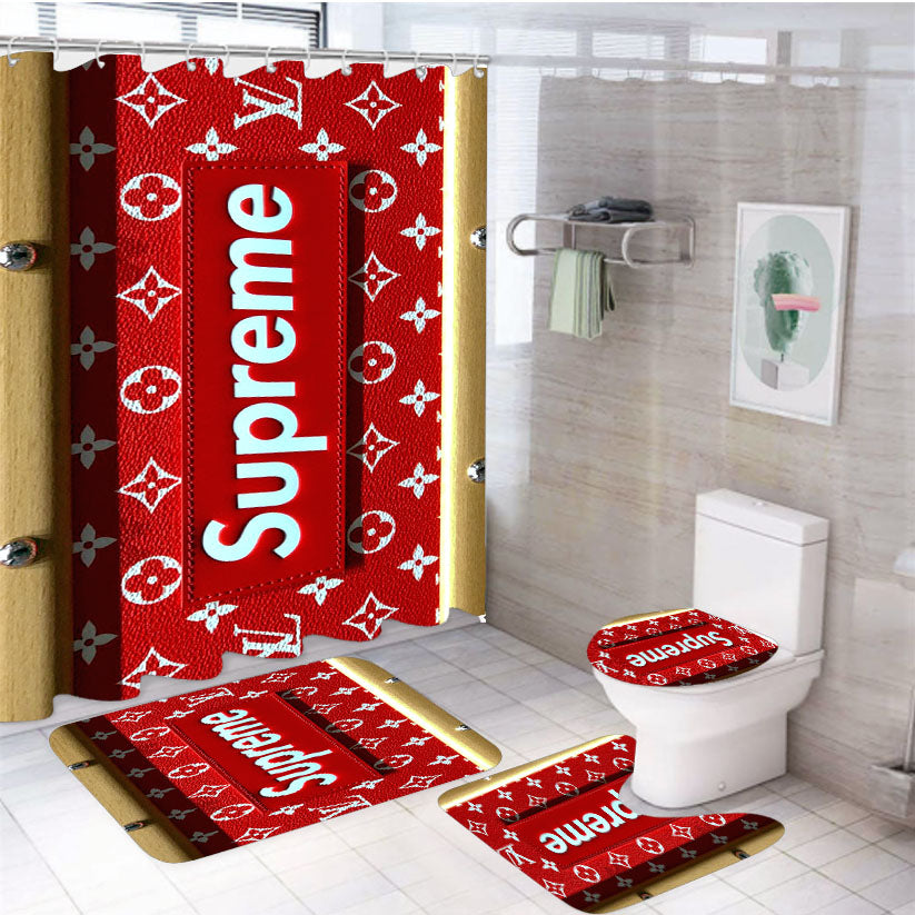 Supreme Cake Louis Vuitton 4Pcs Bathroom Non-Slip Rugs Shower Curtain Fabric Waterproof