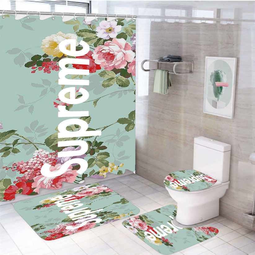 Supreme Flower Blue 4Pcs Bathroom Set Shower Curtain