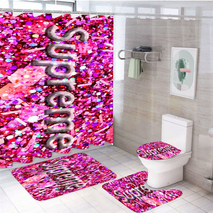 Supreme Gliter Pink Rose 4Pcs Bathroom Set Shower Curtain