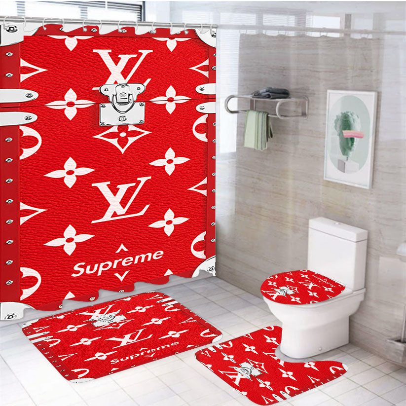 Supreme Louis Vuitton Eye Trunk 4Pcs Bathroom Non-Slip Rugs Shower Curtain Fabric Waterproof