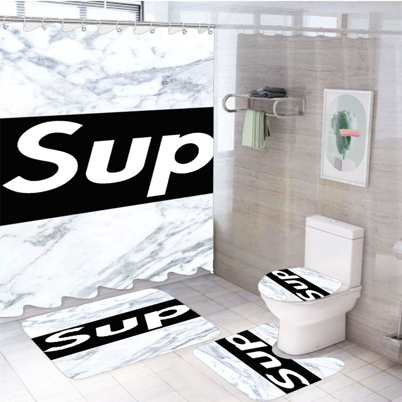 Supreme Marble Black Font 4Pcs Bathroom Non-Slip Rugs Shower Curtain Fabric Waterproof