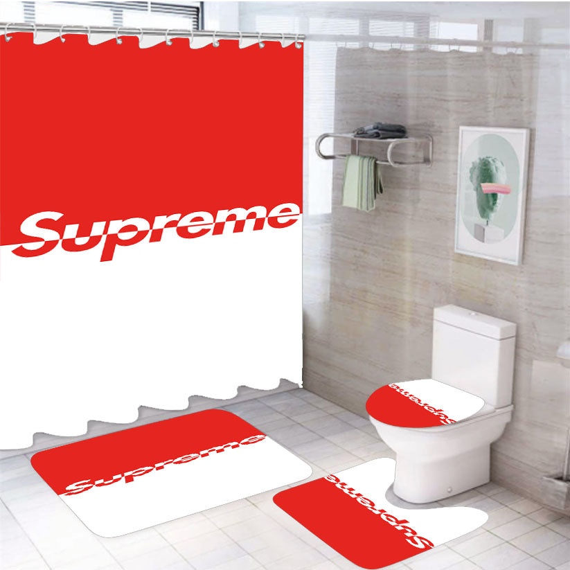 Supreme Red White 4Pcs Bathroom Set Shower Curtain
