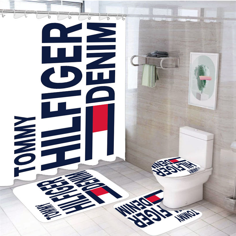 Tommy Hilfiger Denim Logo 4Pcs Bathroom Set Shower Curtain