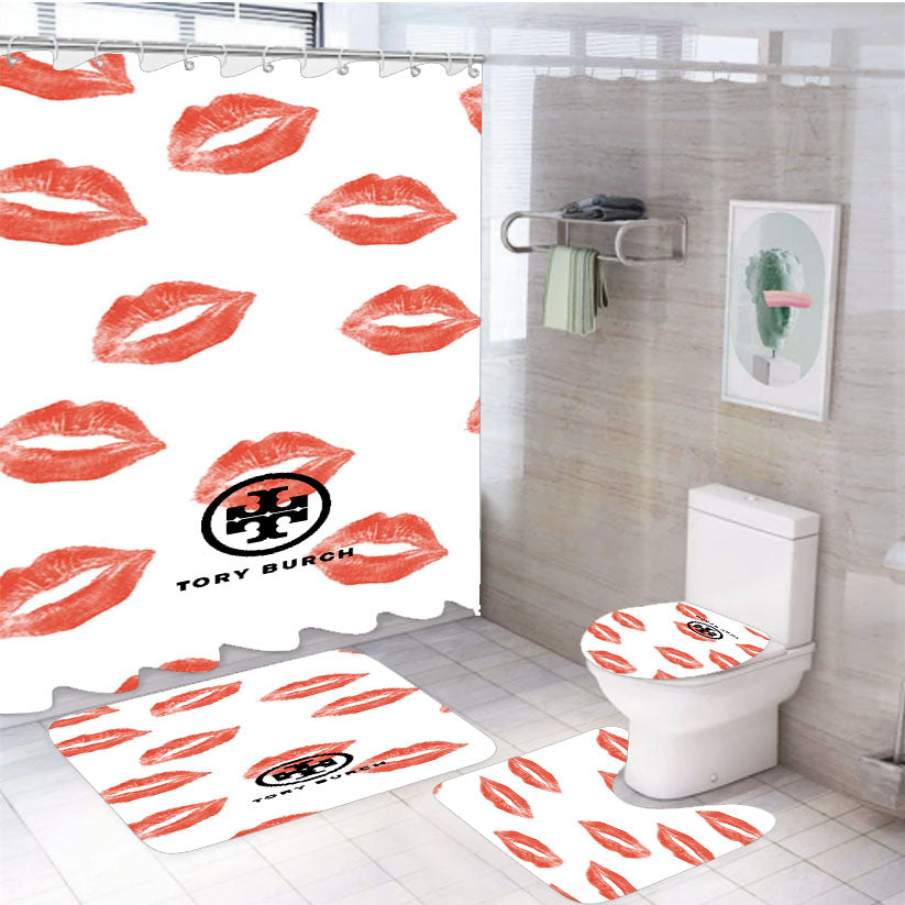 Tory Burch Big Kiss Red Lips 4Pcs Bathroom Set Shower Curtain