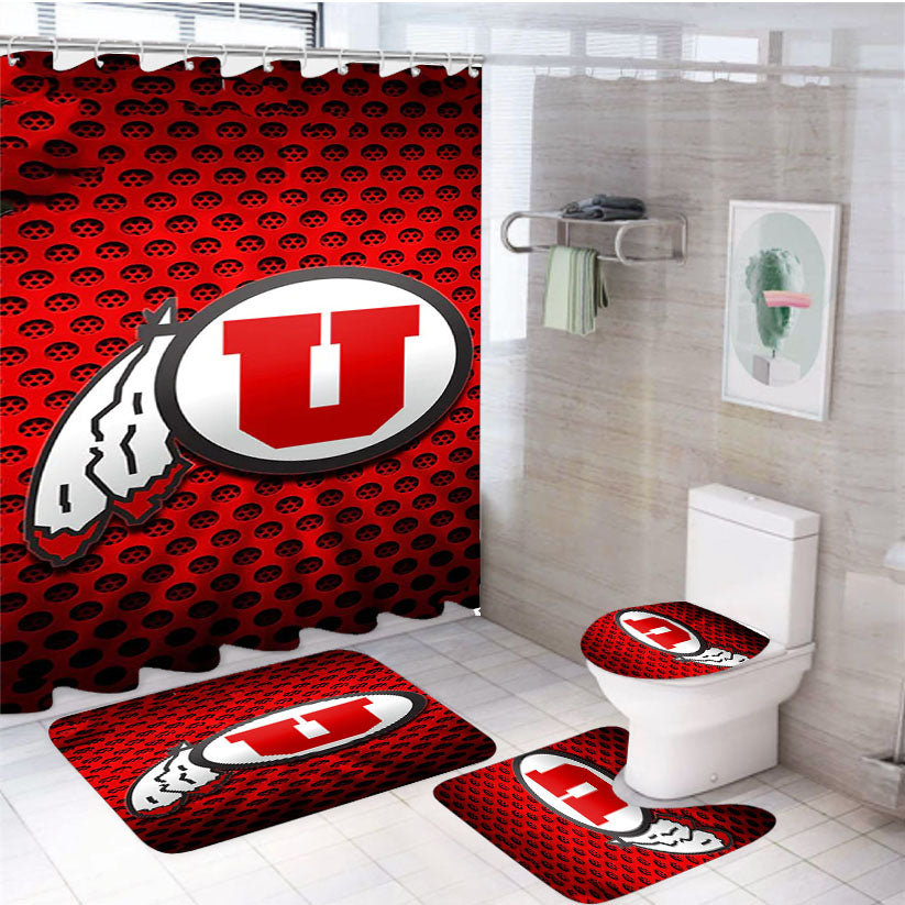 Utah Utes 4Pcs Bathroom Non-Slip Rugs Shower Curtain Fabric Waterproof