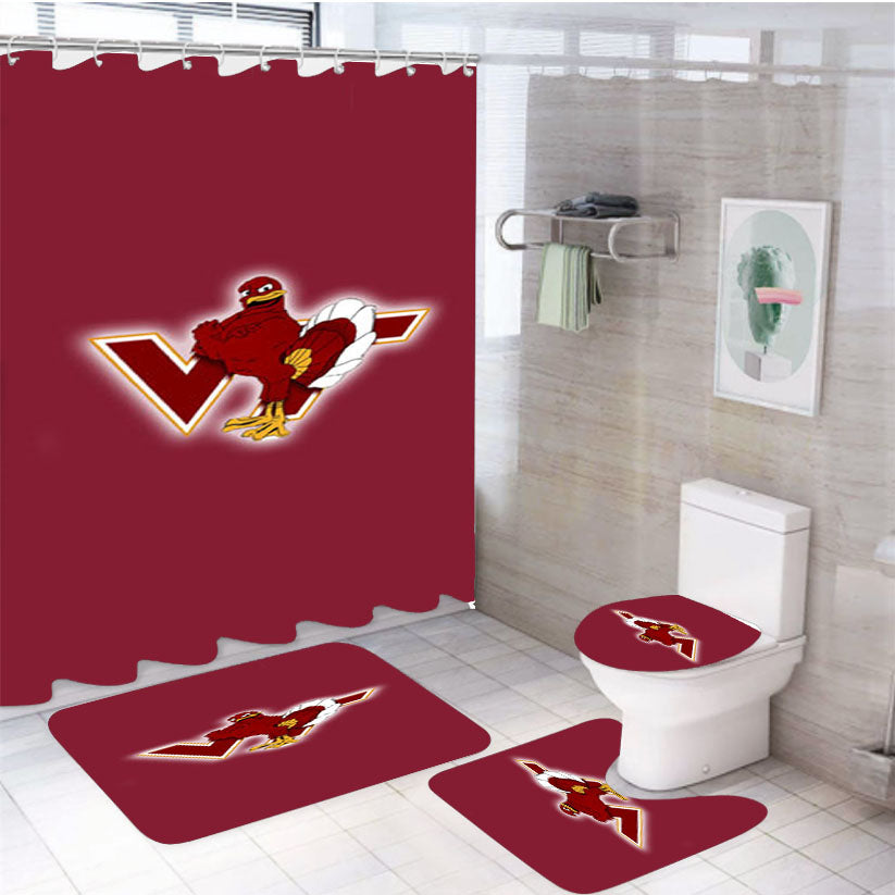 Virginia Tech Symbol 4Pcs Bathroom Non-Slip Rugs Shower Curtain Fabric Waterproof