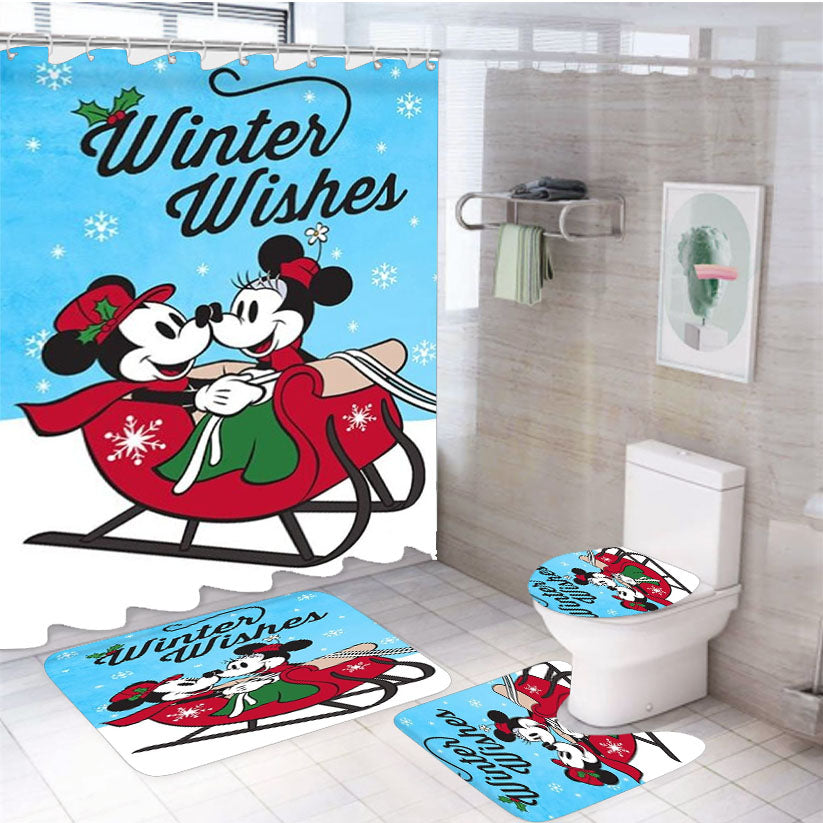Winter Wishes Sleigh Mickey And Minnie 4Pcs Bathroom Set Shower Curtain