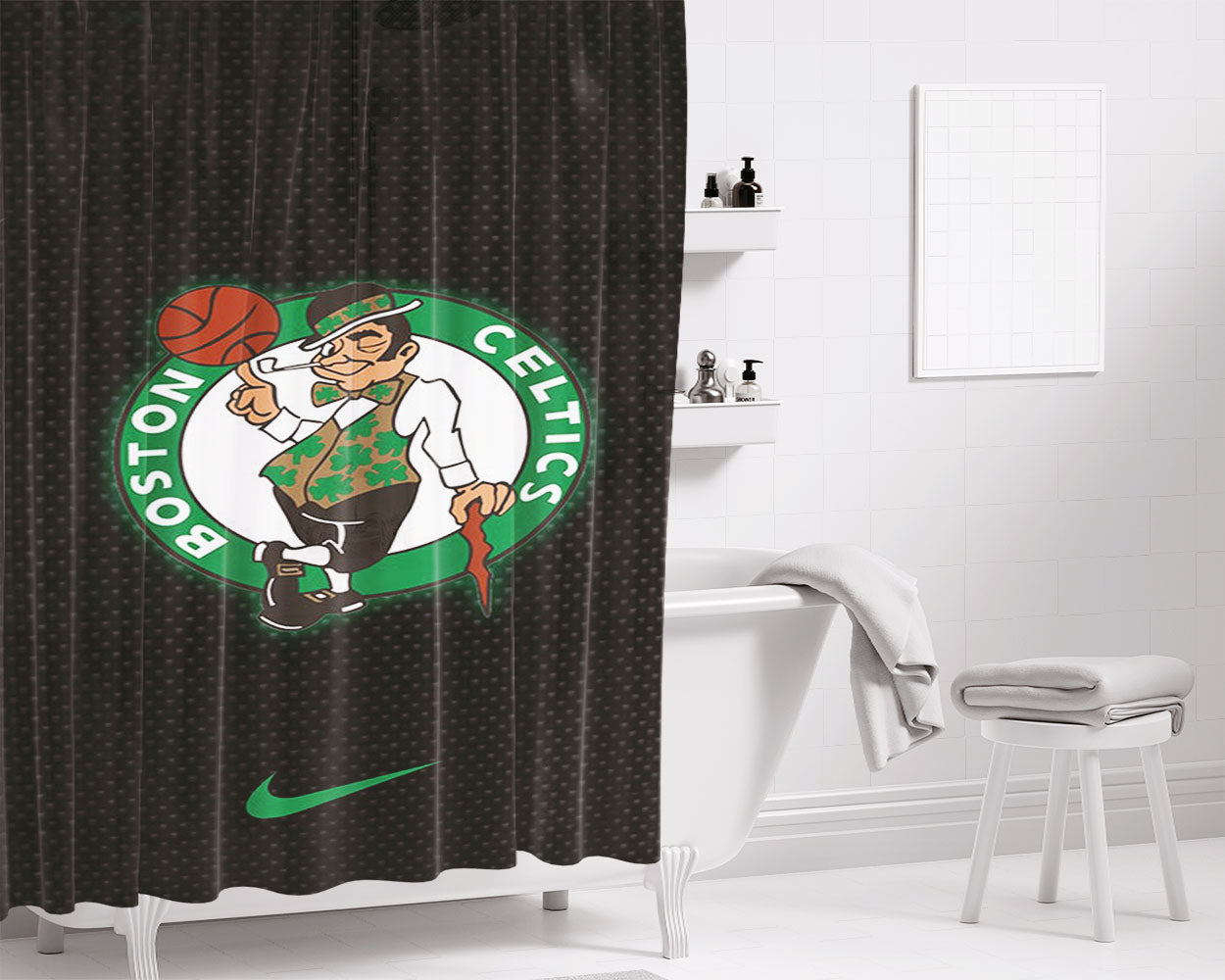 Boston Celtics Nike Carbon Bathroom Shower Curtain Fabric Waterproof | 66 X 72 Inch