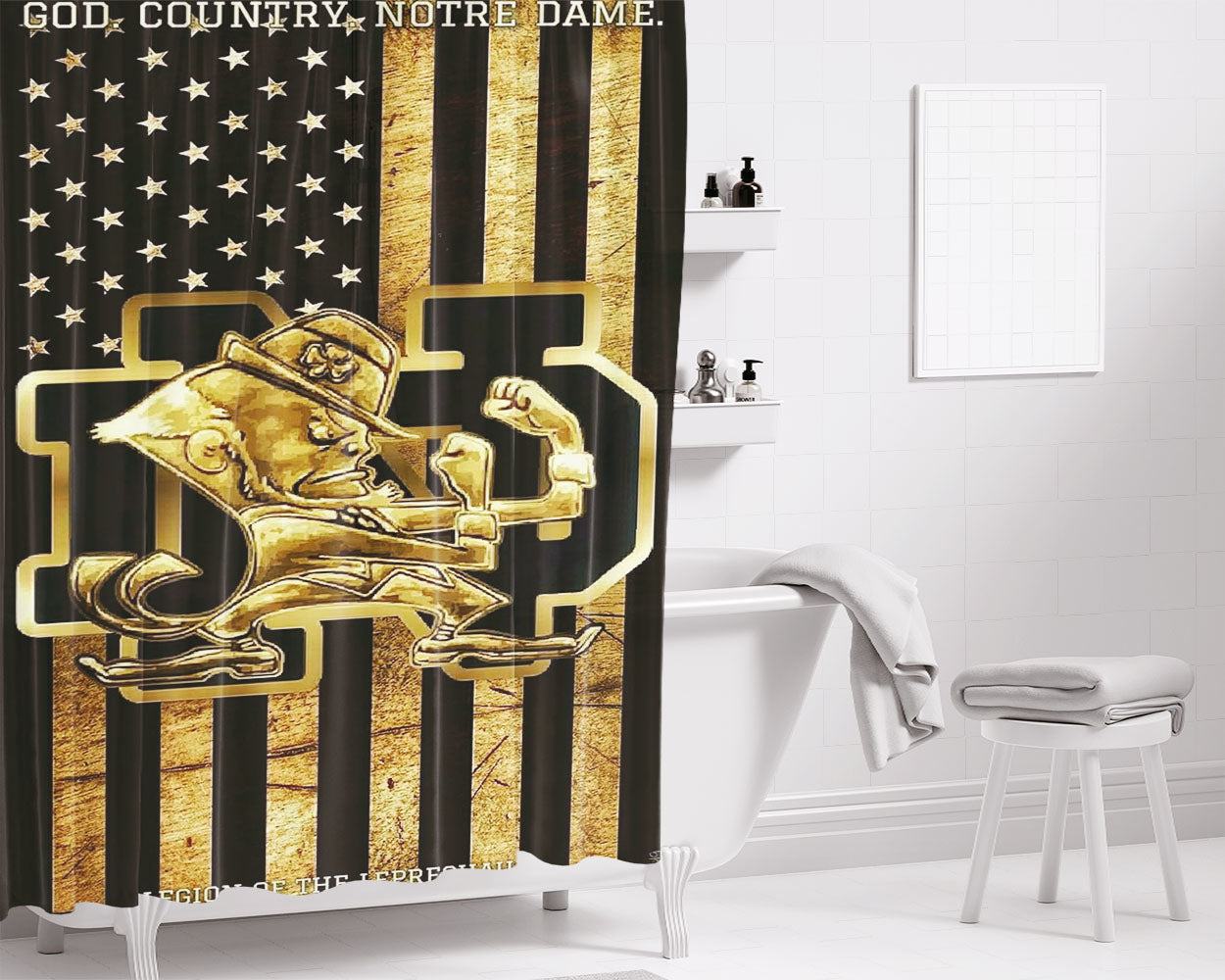 Fighting Irish Notre Dame Football Golden Flag Bathroom Shower Curtain Fabric Waterproof | 66 X 72 Inch