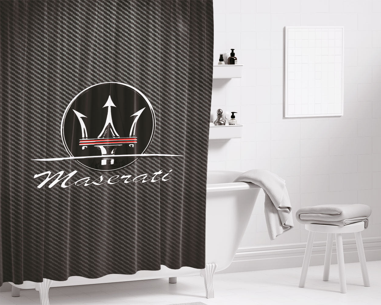Maserati Logo Carbon Fiber Bathroom Shower Curtain Fabric Waterproof | 66 X 72 Inch