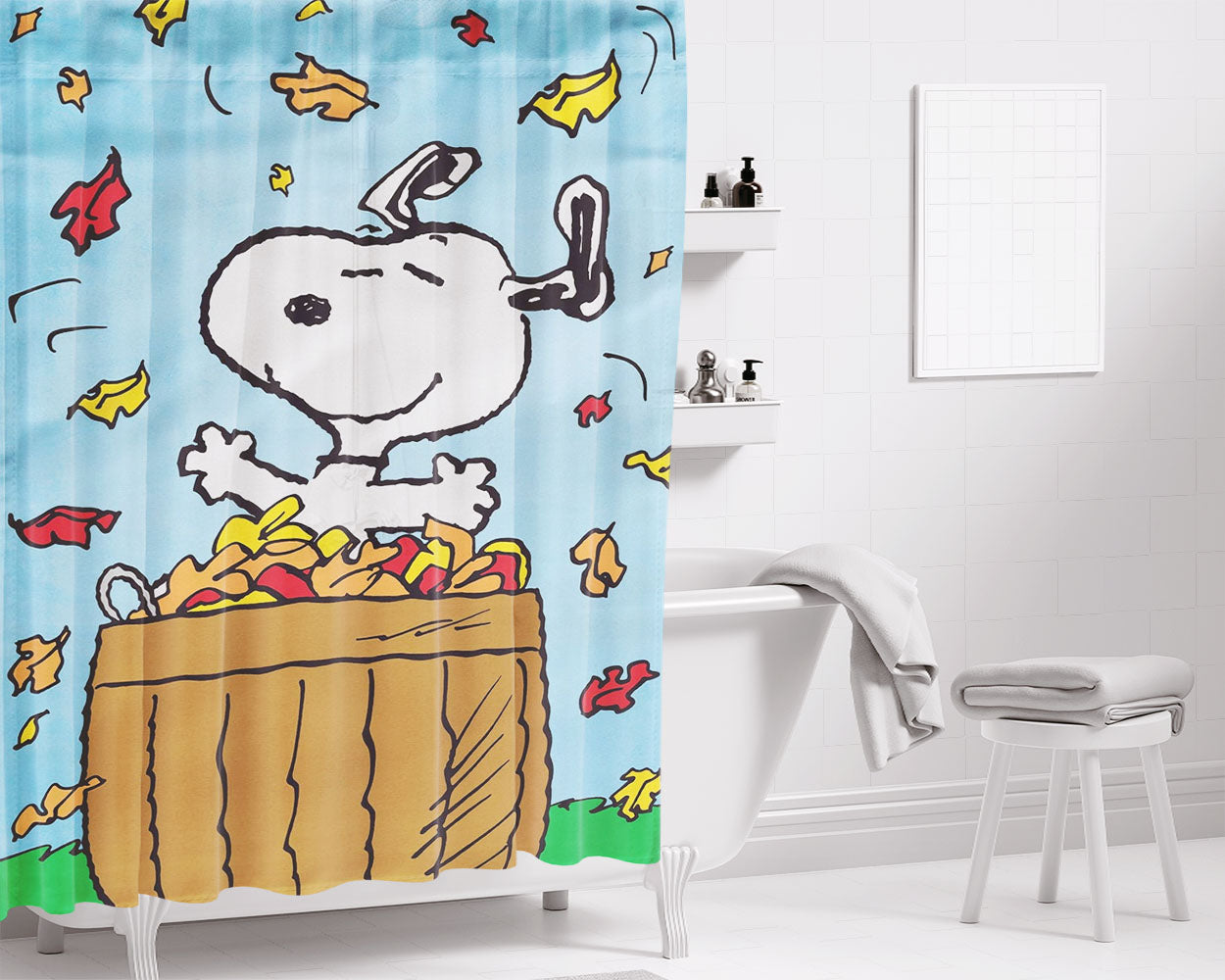 Peanuts Snoopy Basket Of Leaves Bathroom Shower Curtain Fabric Waterproof | 66 X 72 Inch