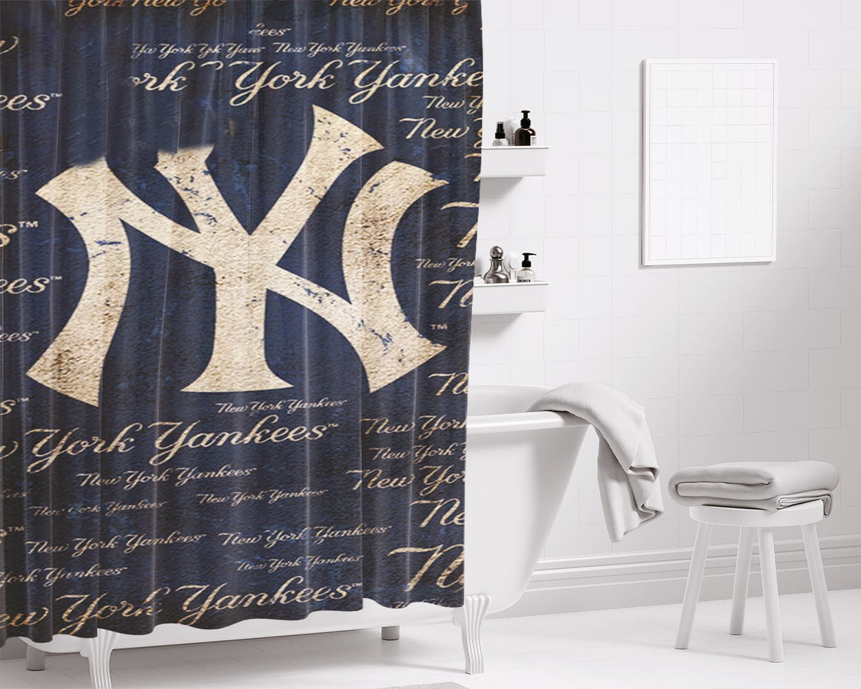 Yankees Baseball Logo Bathroom Shower Curtain Fabric Waterproof | 66 X 72 Inch
