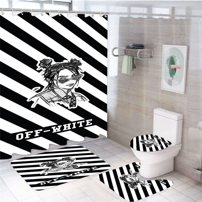 Billie Eilish Off White Stripe Pattern 4Pcs Bathroom Set Shower Curtain