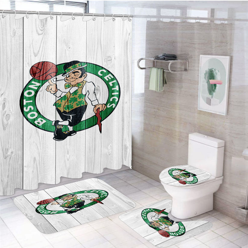 Boston Celtics Nba Logo White Wood Wallpaper 4Pcs Bathroom Set Shower Curtain