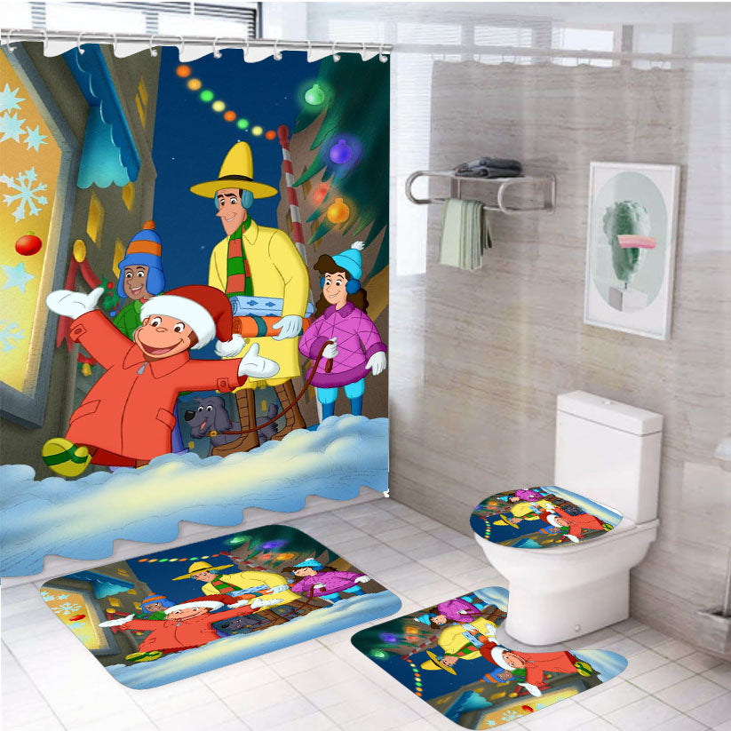 Christmas Curious George And Friends 4Pcs Bathroom Set Shower Curtain