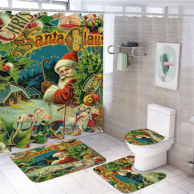 Christmas Santa Claus Victorian Antique Vintage 4Pcs Bathroom Set Shower Curtain