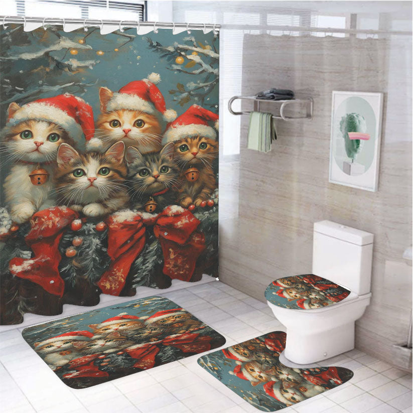Christmas Santa Hat Kittens 4Pcs Bathroom Set Shower Curtain