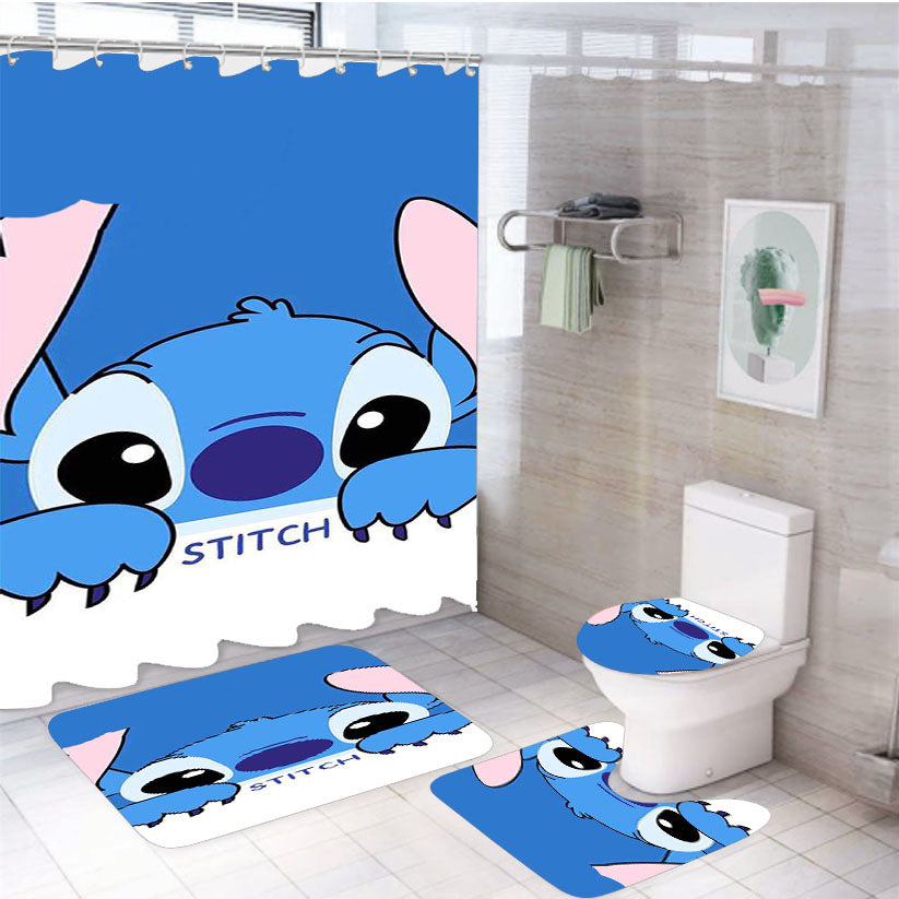 Disney Stitch Cartoon Simple Flat 4Pcs Bathroom Set Shower Curtain