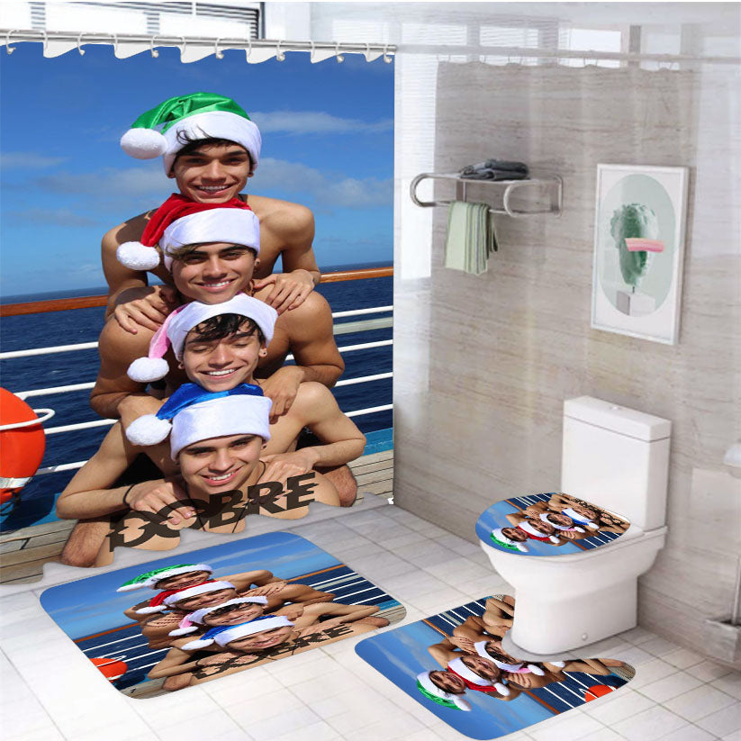 Dobre Brothers Twin Christmas Face Pyramid 4Pcs Bathroom Set Shower Curtain