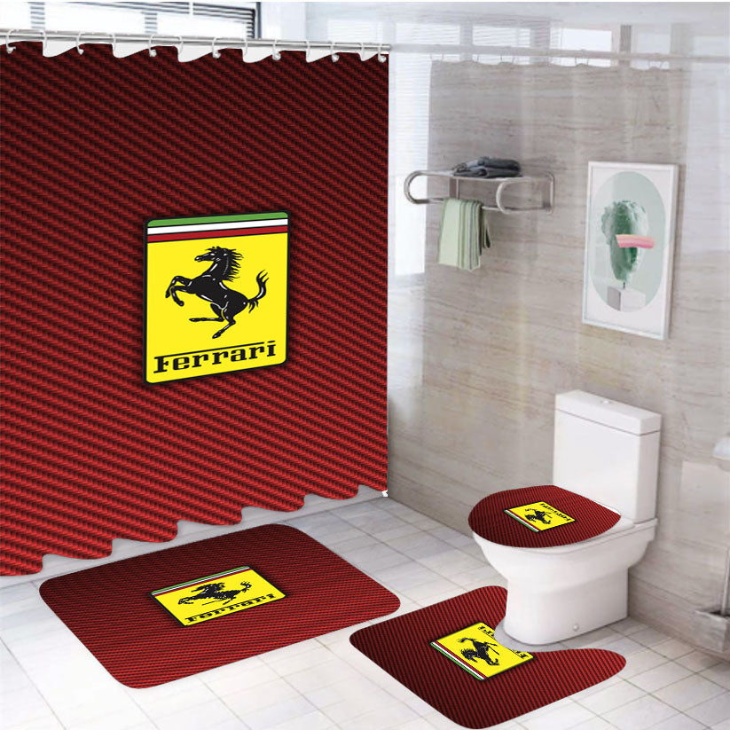 Ferrari Red Carbon Fiber 4Pcs Bathroom Set Shower Curtain