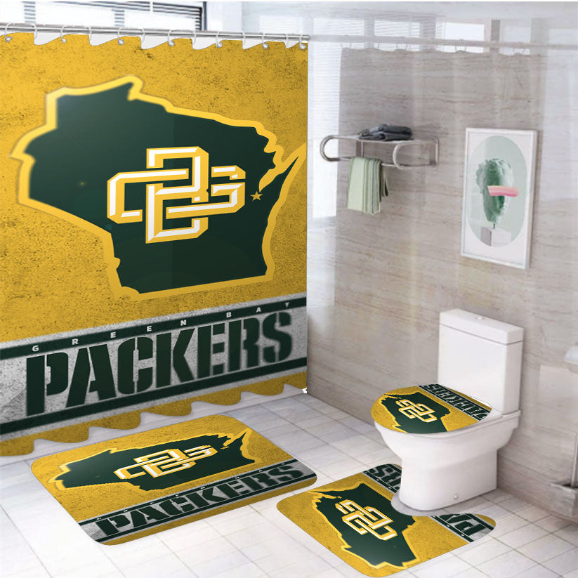Green Bay Packers Emblem Logo States Map Art 4Pcs Bathroom Set Shower Curtain
