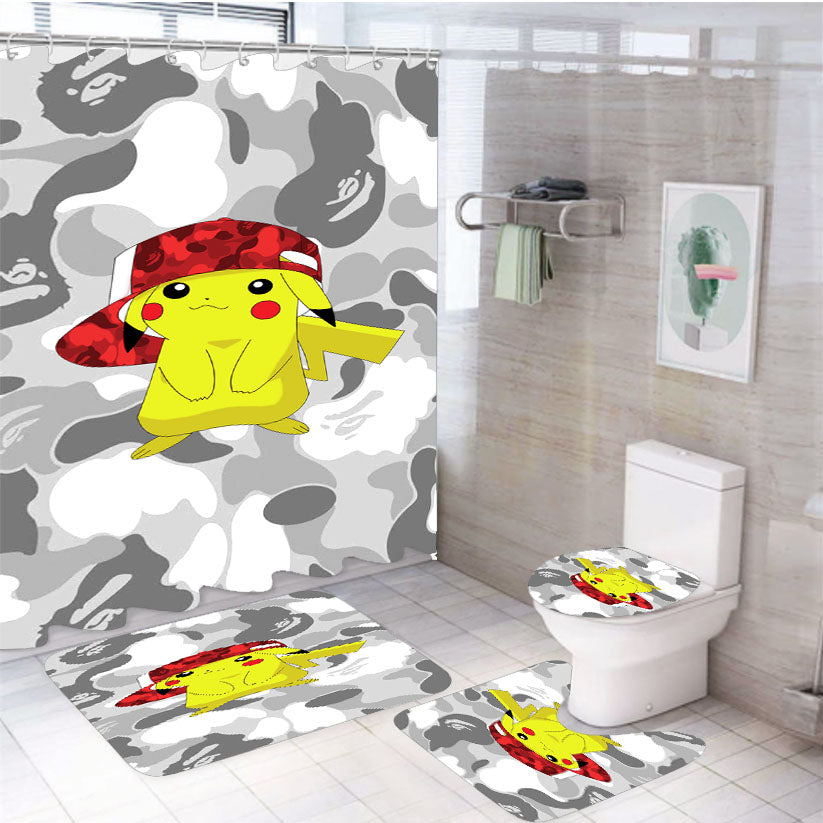 Pokemon Bape 4Pcs Bathroom Set Shower Curtain