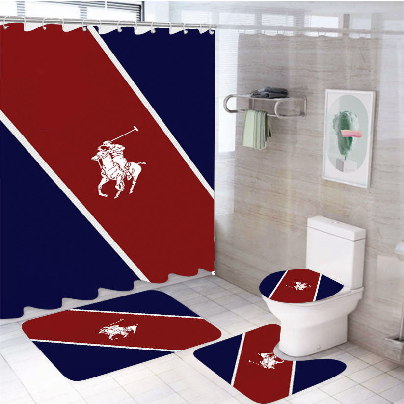 Polo Ralph Lauren Stripe Logo 4Pcs Bathroom Set Shower Curtain