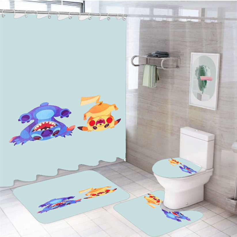 Stitch And Pikachu Minimalist 4Pcs Bathroom Set Shower Curtain