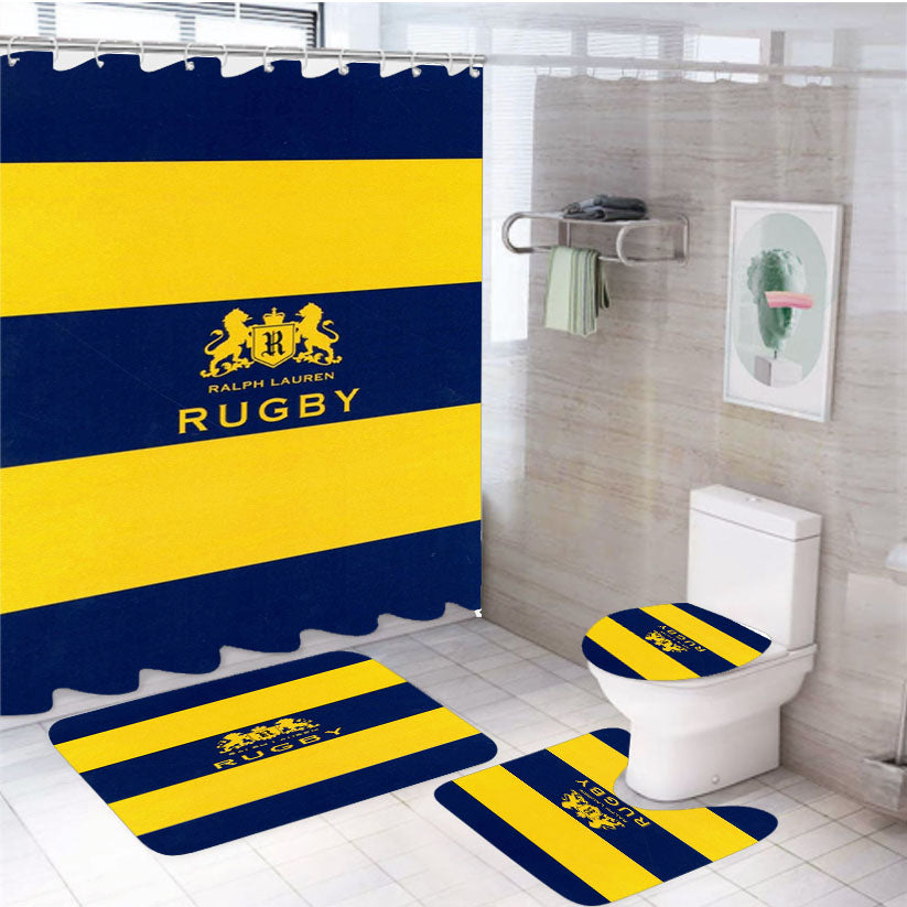 Yellow Blue Stripe Polo Ralph Lauren Rugby Logo 4Pcs Bathroom Set Shower Curtain
