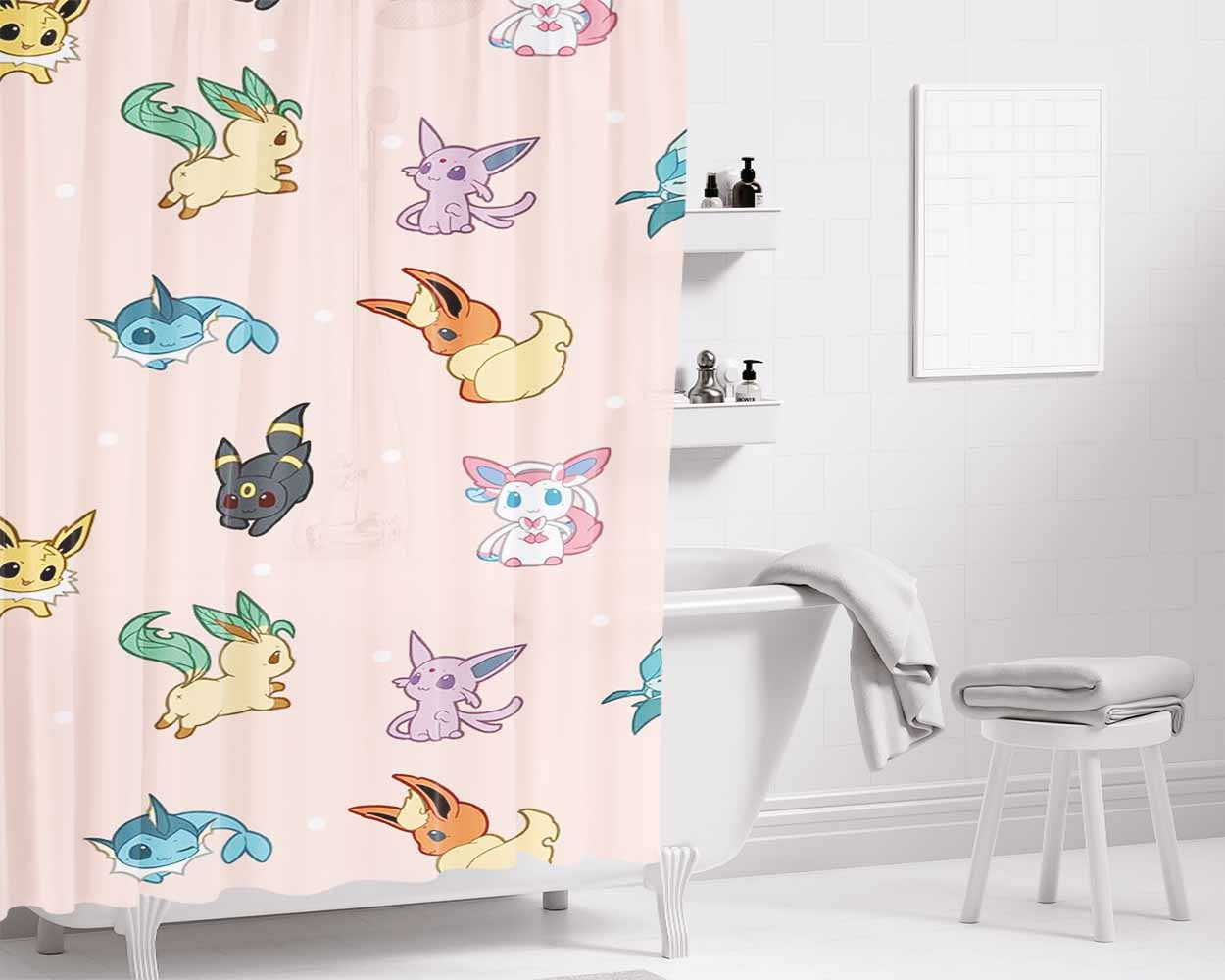 Cute Eevee Pokemon Eeveelutions Pattern Bathroom Shower Curtain Fabric Waterproof | 66 X 72 Inch