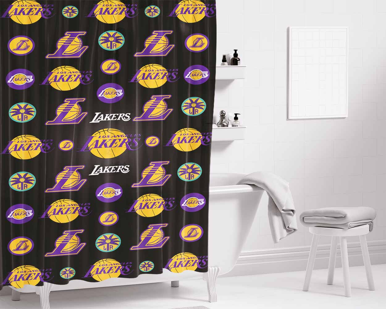 Los Angeles Lakers Logo Pattern Bathroom Shower Curtain Fabric Waterproof | 66 X 72 Inch