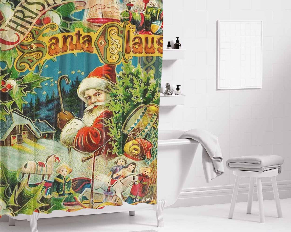 Christmas Santa Claus Victorian Antique Vintage Bathroom Shower Curtain Fabric Waterproof | 66 X 72 Inch